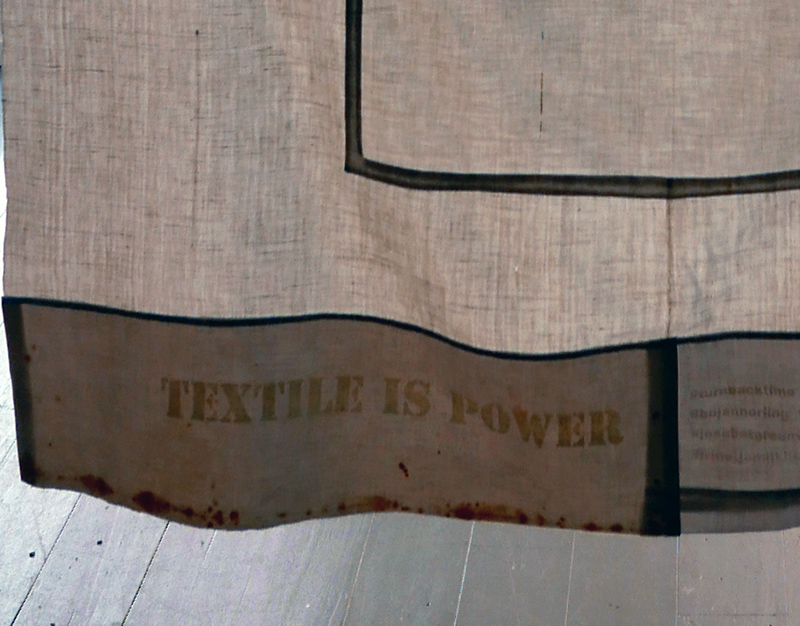 text på lakan där det står Textile is Power